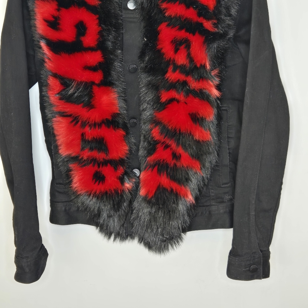 Rockstar‎ Original Denim Jacket Faux Fur Black Red Sz Small HARD TO FIND! RARE - Picture 4 of 11
